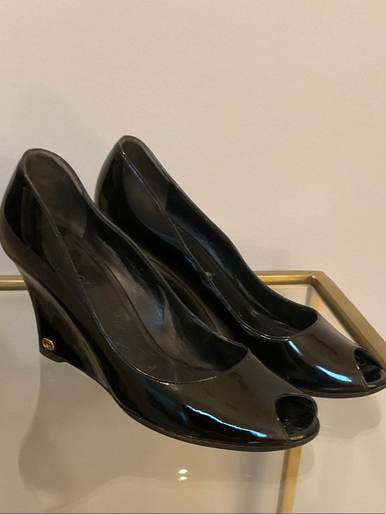 Gucci Shoes - Gucci Black Patent Peep-Toe Wedge Pumps